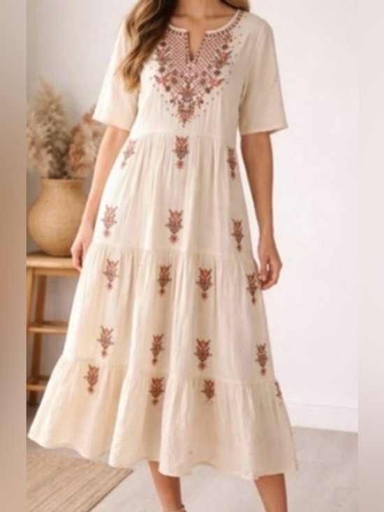 Soft Surroundings Dresses & Skirts - Soft Surroundings Bellmore Cream Gauze Embroidered Boho Tiered Maxi Dress Medium